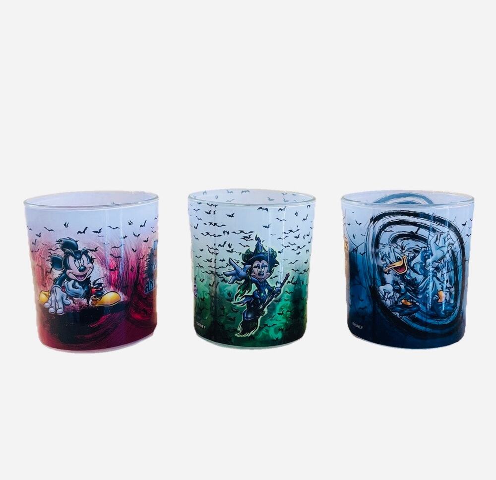 3 Disney Halloween Glass Votive Candle Holders Mickey Mouse Minnie Donald Duck